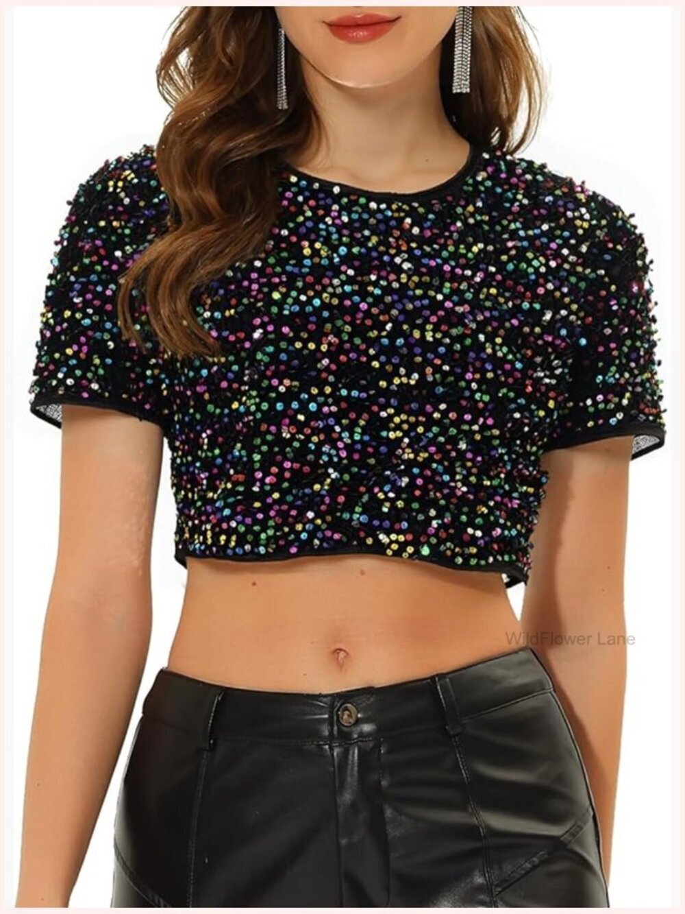 Sequin Velvet Crop Top Short Sleeve Party Night Clubwear